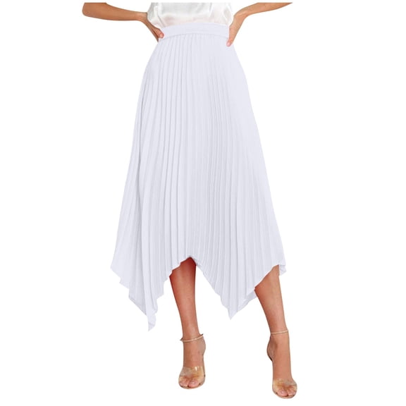 hotojiny Women's Skirts Casual High Waist Business Office Midi Skirts Fashion Handkerchief Hem Pleated Flowy Skirt