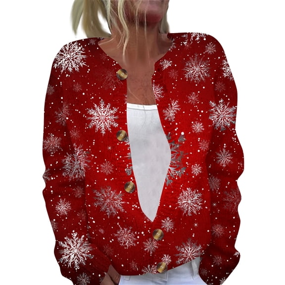 Stralyhd Christmas Cardigan for Women Plus Size Funny Snowflake Print Button Down Cardigan Sweaters Fall Winter Casual Comfy Open Front Knitted Outerwear Deep Red S