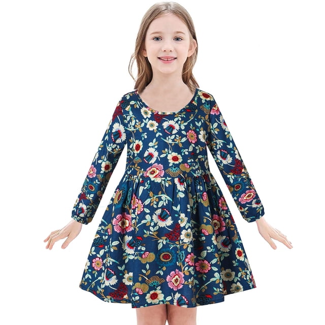 Vestido Para Niñas Ropa Para Niñas Bebés Niños Pequeños Estampado Floral Casual A-Line Twirly Dress Party Princess Navy Odeerbi LM103-792