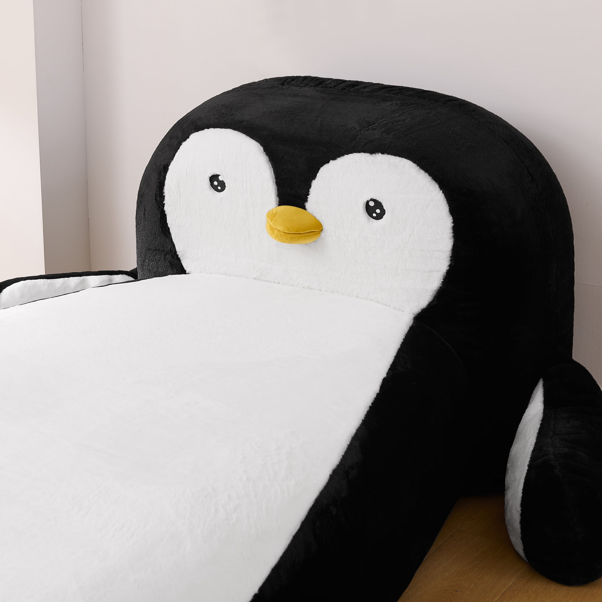 Mintazer Twin Penguin Shaped Kids Floor Bed, Fluffy Faux Fur Upholstered Toddler Lounger Bed for Boys Girls Bedroom, No Box Spring Needed
