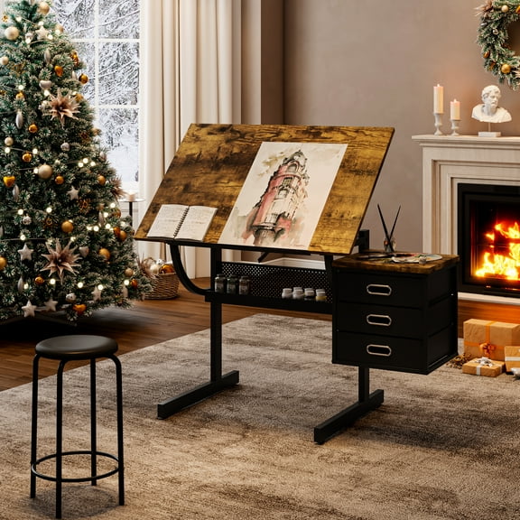 Black Drafting Desk With 3 Drawers And Stool For Creative Projects Surface Table Painting Accessories Storage