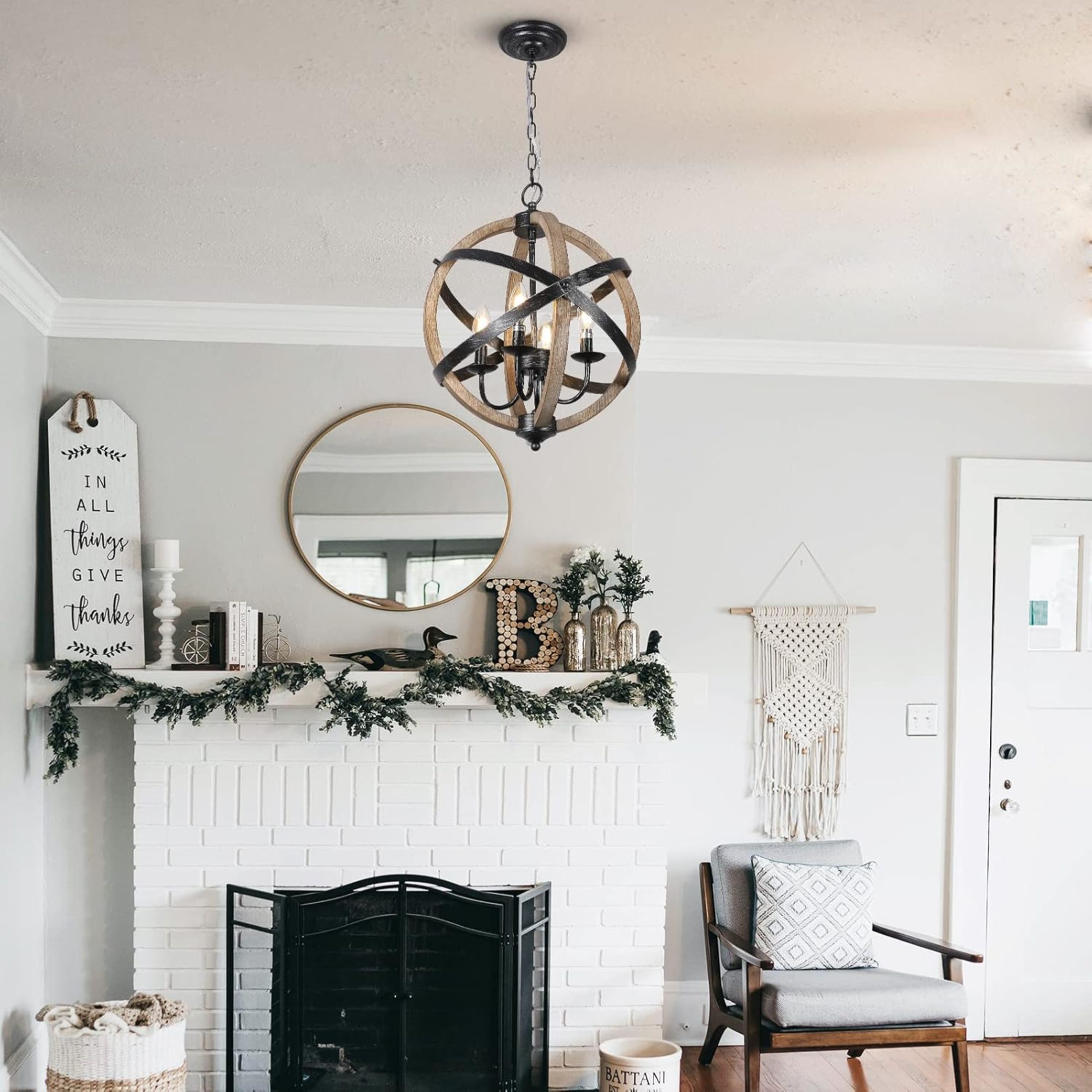 Noble House 4-Light Farmhouse Wood Orb Chandelier, Rustic Sphere Dining Room Pendant, Height Adjustable, Wood