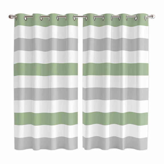 Sage Green Grey Striped Kitchen Curtains 63 Inch Length, Farmhouse Sage Green Stripes Grommet Top Bedroom Living Room Curtains, Light Filtering Cafe Curtain Drapes 2 Panels Set 84''x63''