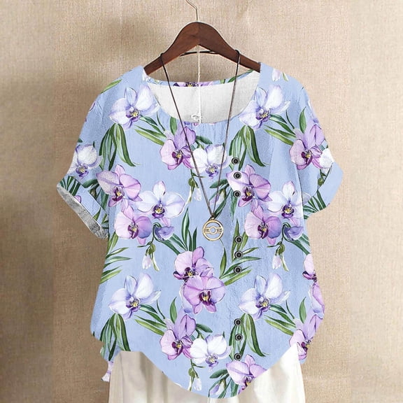 Feancey Casual Tops for Women Boho Floral Tshirt Plus Size Short Sleeve Breathable Loose Fit T-Shirts Lightweight Casual Summer Tees Purple M