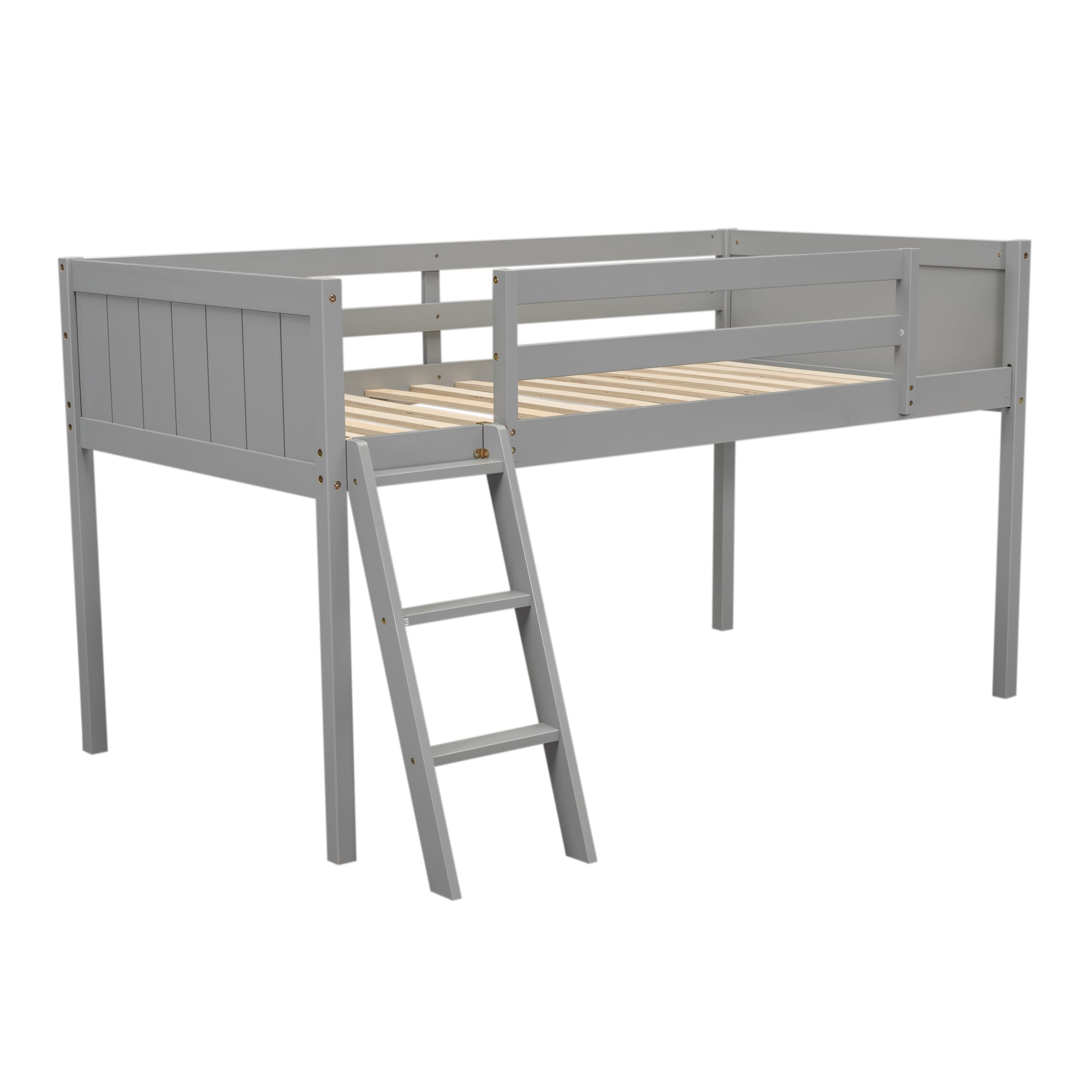 Euroco Wood Loft Bed with Ladder, Twin Size Low Loft Bed for Kids Teens, Gray