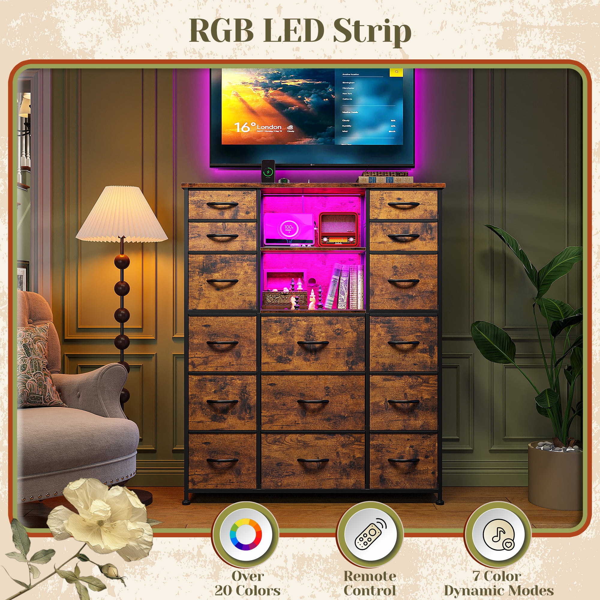 Romorgniz 51" H Dresser with 15 Fabric Drawers Tall Dresser for Bedroom with Charging Station & LED Lights, Rustic Brown