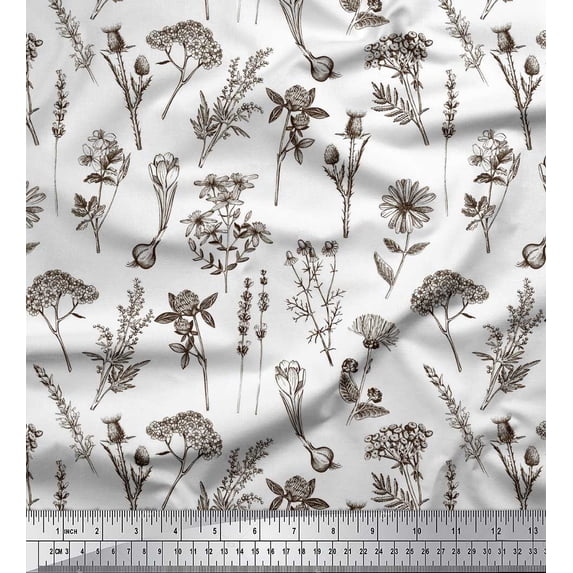 Soimoi Brown Cotton Cambric Fabric Leaves & Primrose Floral Printed Fabric 1 Yard 42 Inch Wide