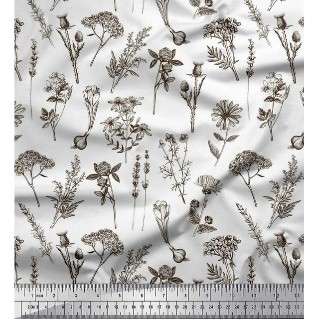 Soimoi Brown Rayon Fabric Leaves & Primrose Floral Printed Fabric 1 Yard 56 Inch Wide
