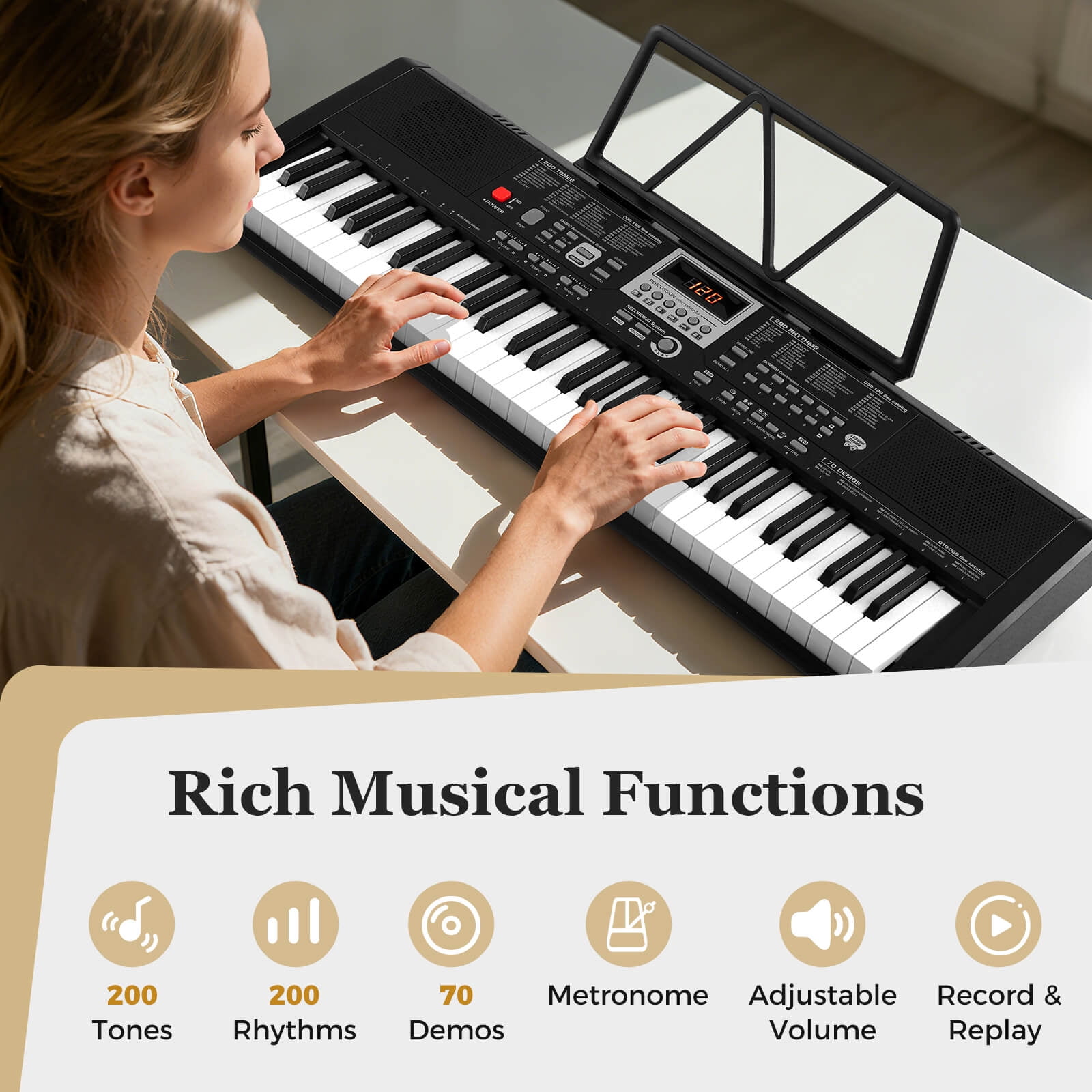 Costway 61 Keys Portable Keyboard with 200 Rhythms 200 Tones 70 Demos Note Sticker, Black
