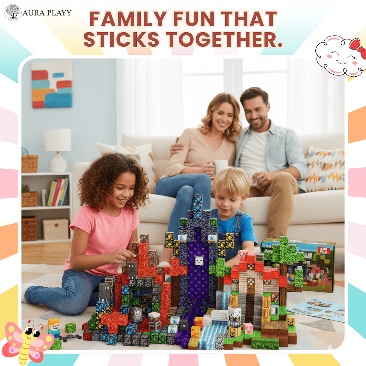 AURA PLAYY Magnetic Building Blocks for Kids: 200 PCS 3D Creative Construction Set, Strong Magnets, STEM Learning, Open-Ended Play, Fine Motor & Imagination Development, Safe Large Blocks Ages 3+