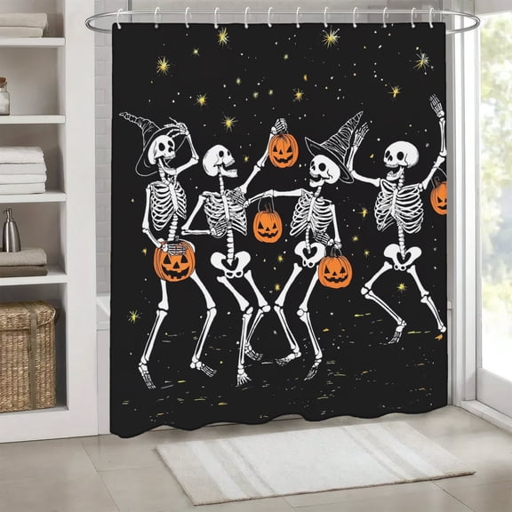 Joocar Shower Curtain Set Halloween Skeletons Holding Pumpkins Dancing Polyester Shower Curtains for Bathroom 72x72 inch