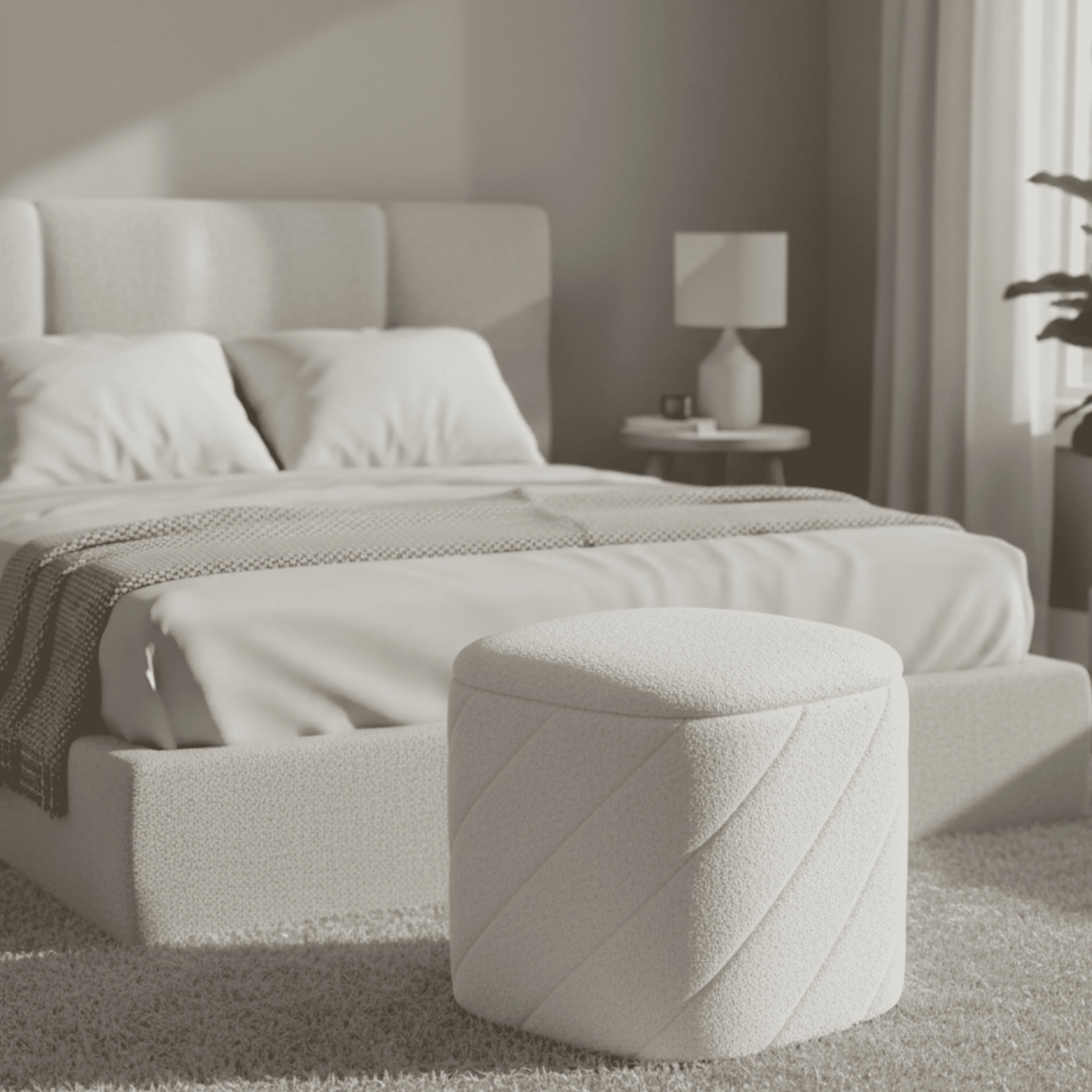 Aria Home Diagonal Tufted Cube Ottoman with Storage, Upholstered Footrest 15" Stool, Ivory