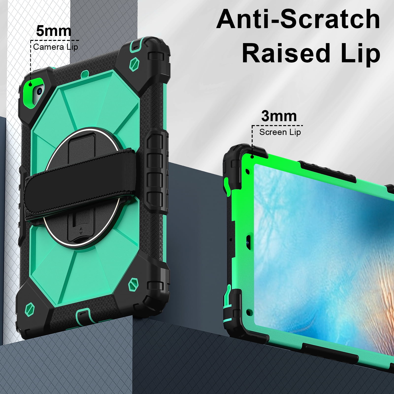 Shockproof Case for Apple iPad 6th 5th Generation 2018 2017 / iPad Air 2 9.7 Inch, Rotating Kickstand Pencil Holder Shoulder Strap Hand Strap Kids Friendly Bumper Cover, Mint