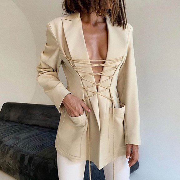 Vedolay Fall Tops for Women Women's Cropped Blazer Casual Open Front Crop Blazer Jackets,Beige M
