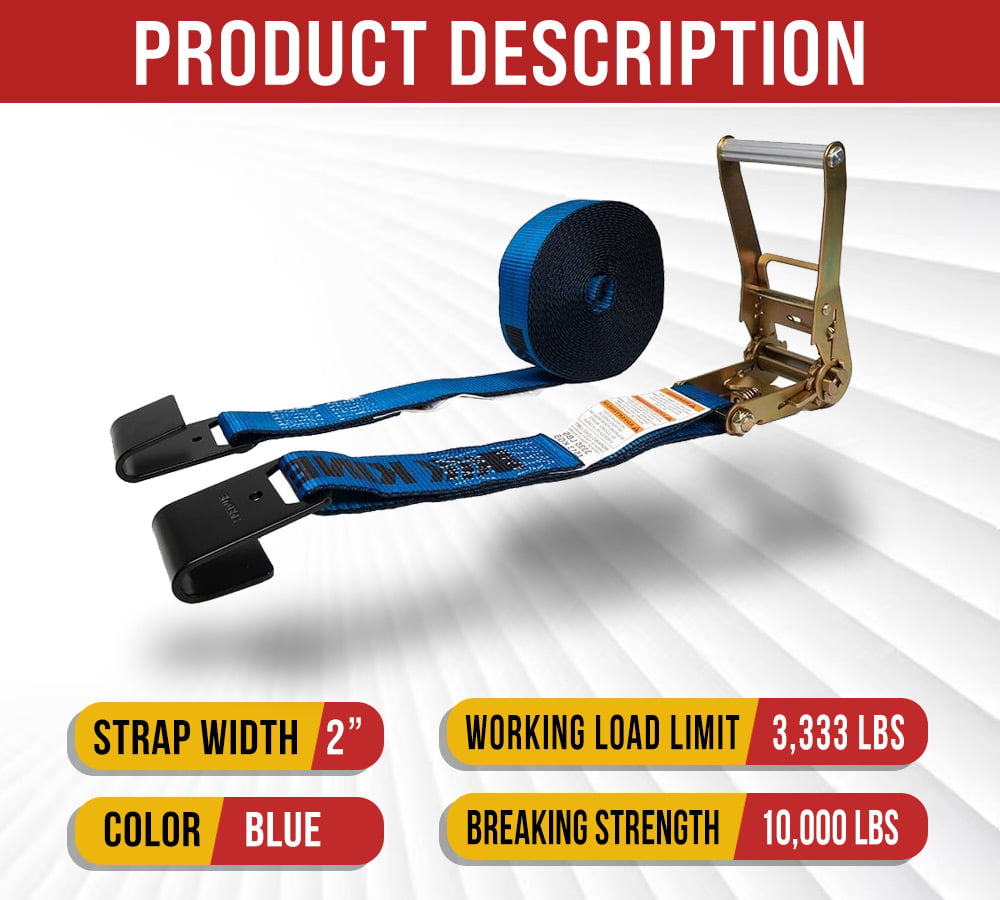 10 Pack 2" x 30' Kinedyne Heavy Duty Tie-Down Ratchet Straps with Flat Hooks, 10,000 Breaking Strength - Blue Tie Down Ratchet Straps for Flatbed Trailers, Pickup Trucks