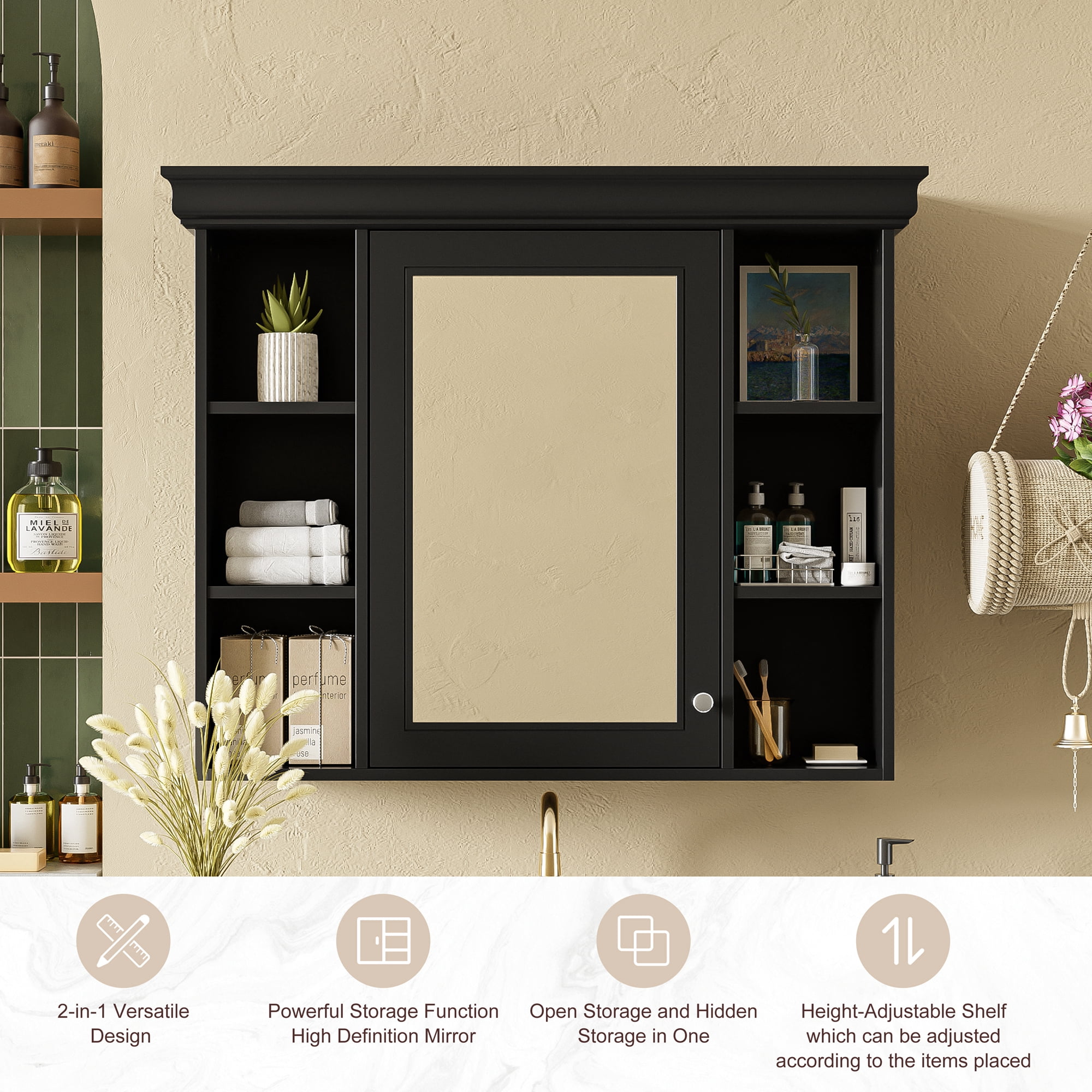 Euroco Wall Mounted Bathroom Storage Cabinet, 35'' x 28'', Black