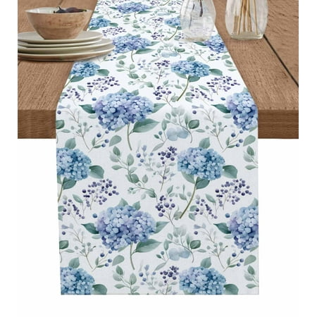 

Table Runner Dresser Scarves 90 Inch Long Spring Watercolor Hydrangea Floral Linen Dining Table Runners Green Eucalyptus Leaves Tabletop Scarf for Wedding Holiday Party Kitchen