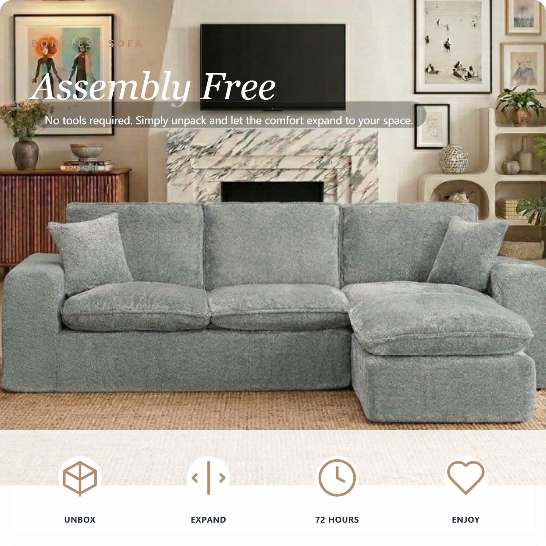 AISWORD 107" Modern Boucle Modular Sectional Cloud Sofa with Moveable Ottoman and Pillows