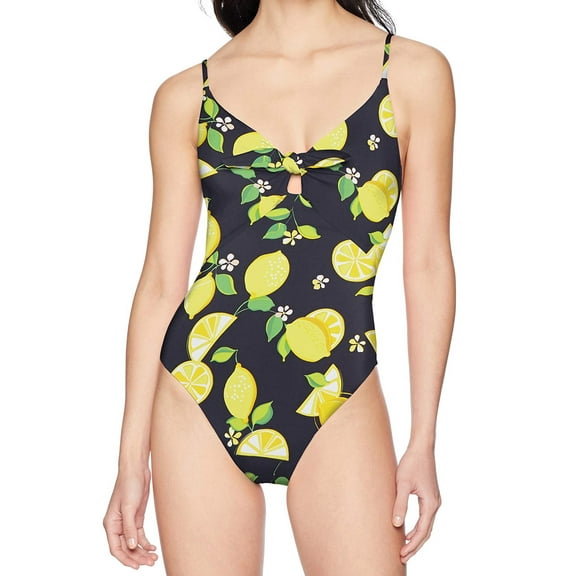 Trina Turk Women's Standard High Leg Tie Front One Piece Swimsuit, Midnight//Lemon Love, 14