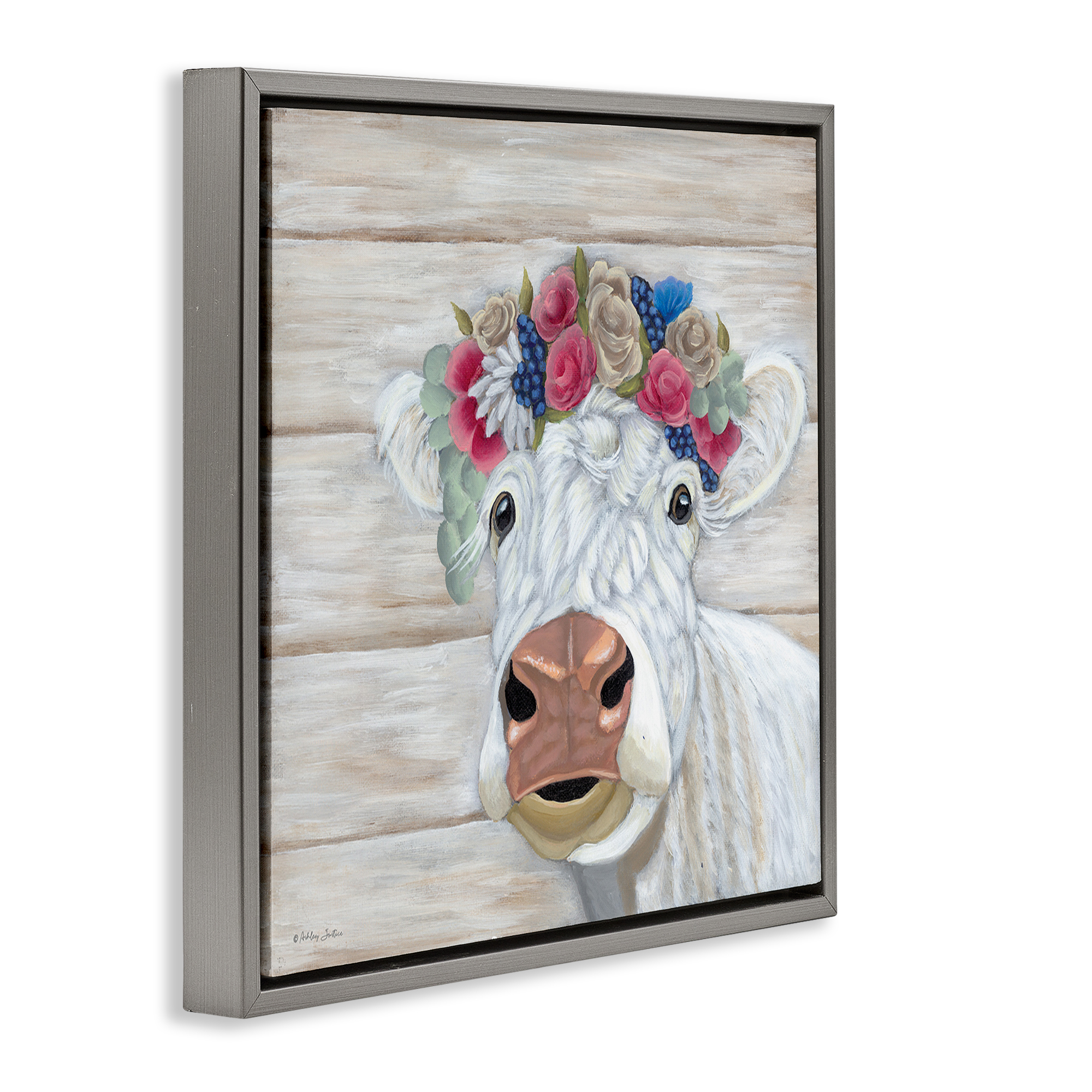 Stupell Industries Rustic Cow Flower Crown Animals & Insects Painting Gray Floater Framed Canvas Art Print Wall Art, 25 x 25