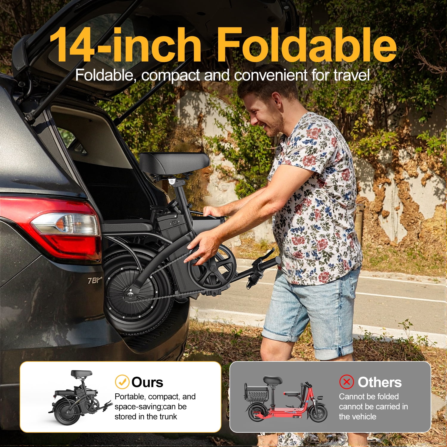 Folding Electric Bike, 500W 19 mph Adult Folding Compact Electric Bike, Fat Tire Electric Bike, Portable Electric EBike With Pedals With 48V 10AH Battery, Suitable For Mountain, Beach UL2849