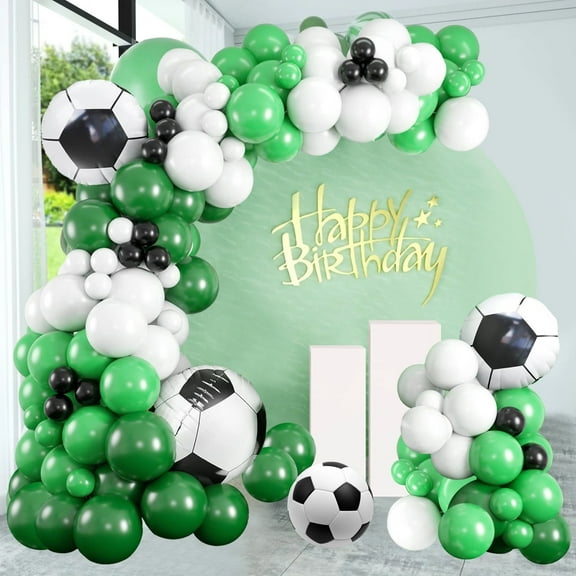 YQWIN 114Pcs Soccer Balloon Garland Arch Kit Soccer Party Decorations White Green Black Balloon Arch Kit Soccer Balloons Football Balloon White Green Black Balloons for Sports Football Party Supplies