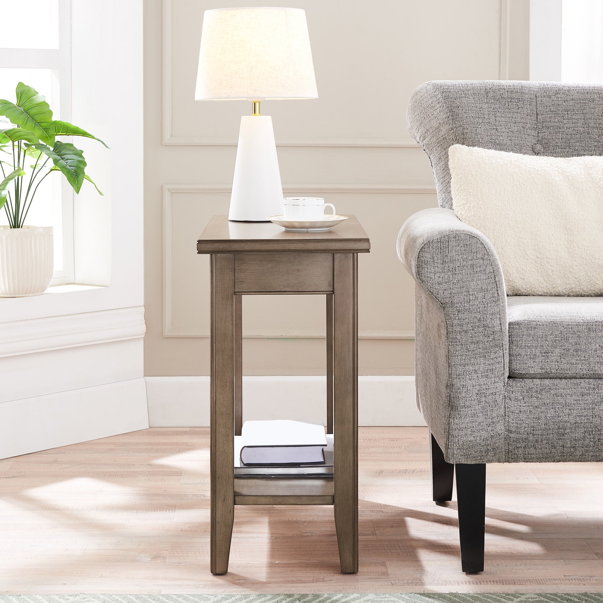 Smoke Gray Solid Wood Narrow End Table with Shelf, Small Space, 12 in. W