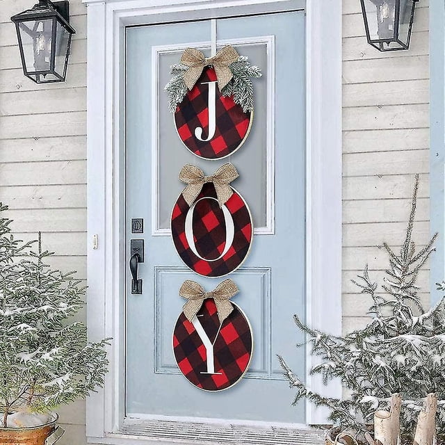 Decoraciones navideñas – Letrero de alegría – Corona a cuadros de búfalo para puerta de entrada – Decoración rústica de madera de arpillera para el hogar, ventana, pared, granja, Indoo