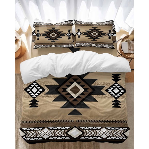 Southwest Ethnic Style Bedding Duvet Cover Set Full Size 4 Pieces Brown Tribe Retro Gradient Geometric Bedding Set with Zipper Closure, 1 Comforter Cover 86x86 Inches 1 Flat Sheet & 2 Pillow Cases