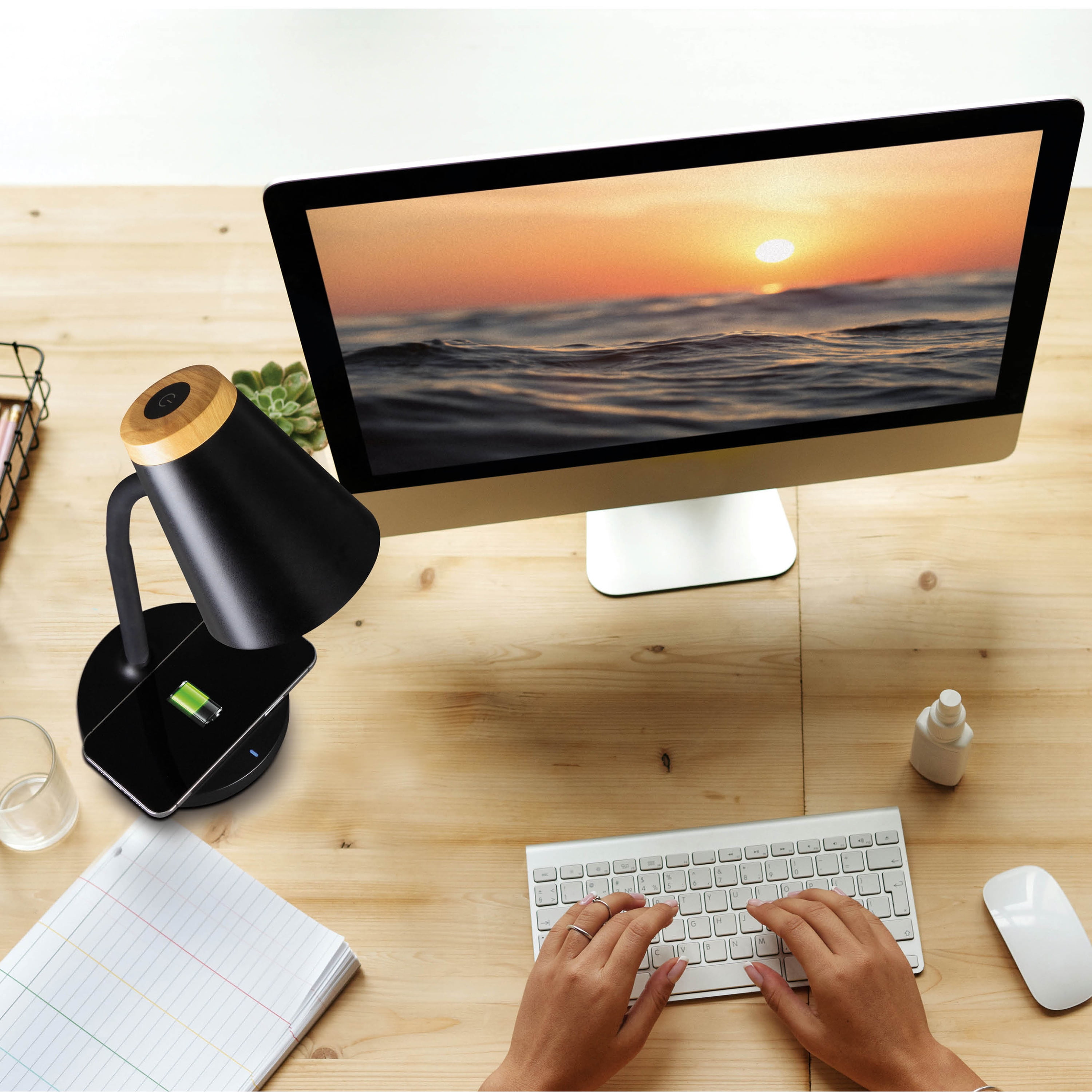 OttLite Gleam LED Desk Lamp with Wireless Charging, Dimmable, Black with Wood Accent, 3 Color Modes