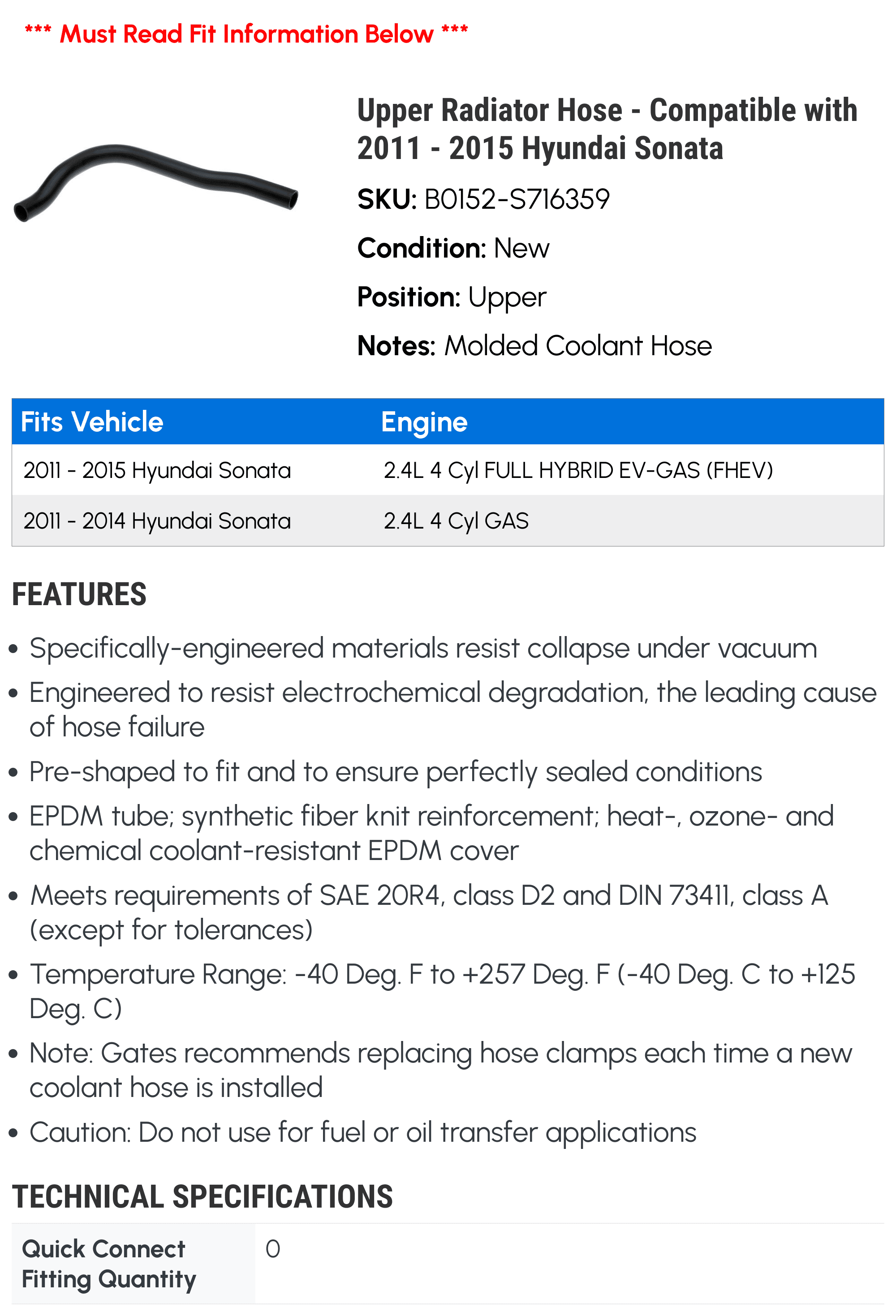 Upper Radiator Hose - Compatible with 2011 - 2015 Hyundai Sonata 2012 2013 2014