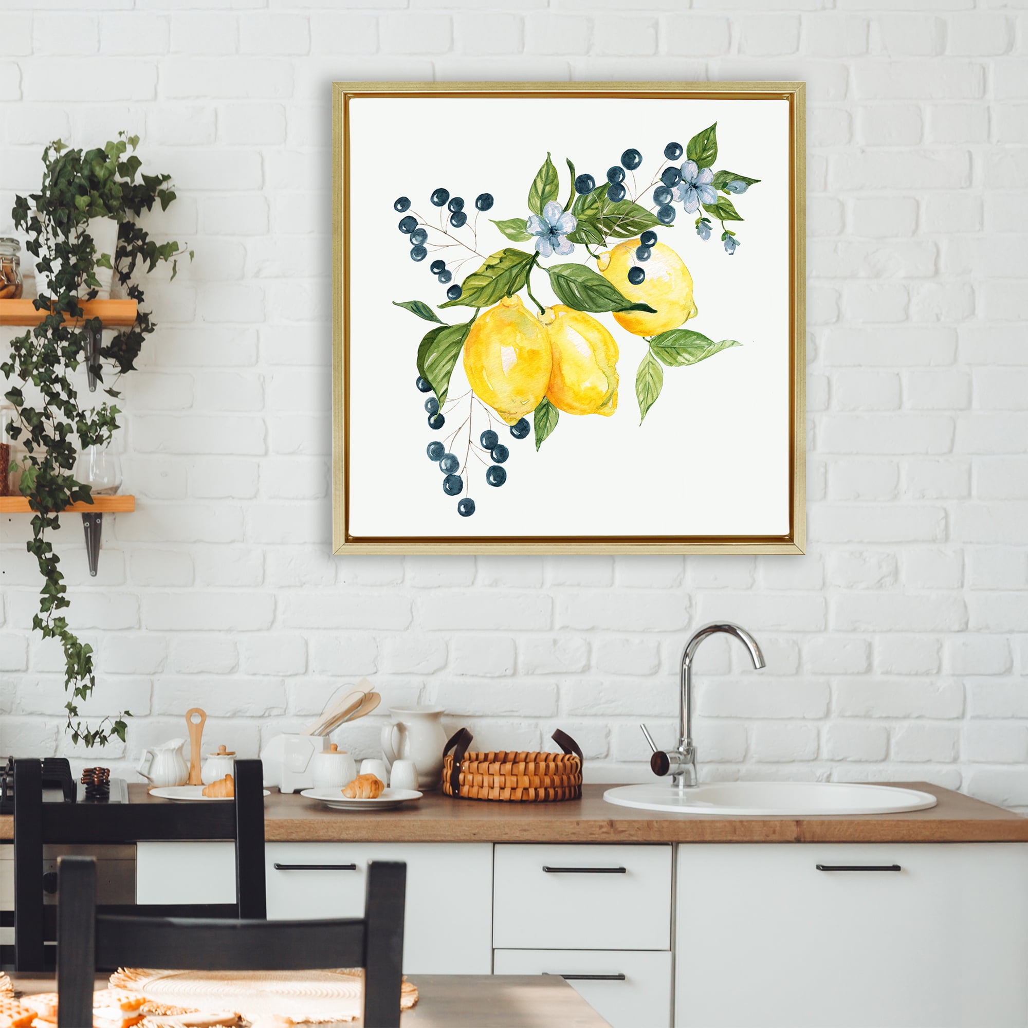 Stupell Industries Lemon Branch with Berries Gold Framed Floater Canvas Wall Art, design by Livi Finn