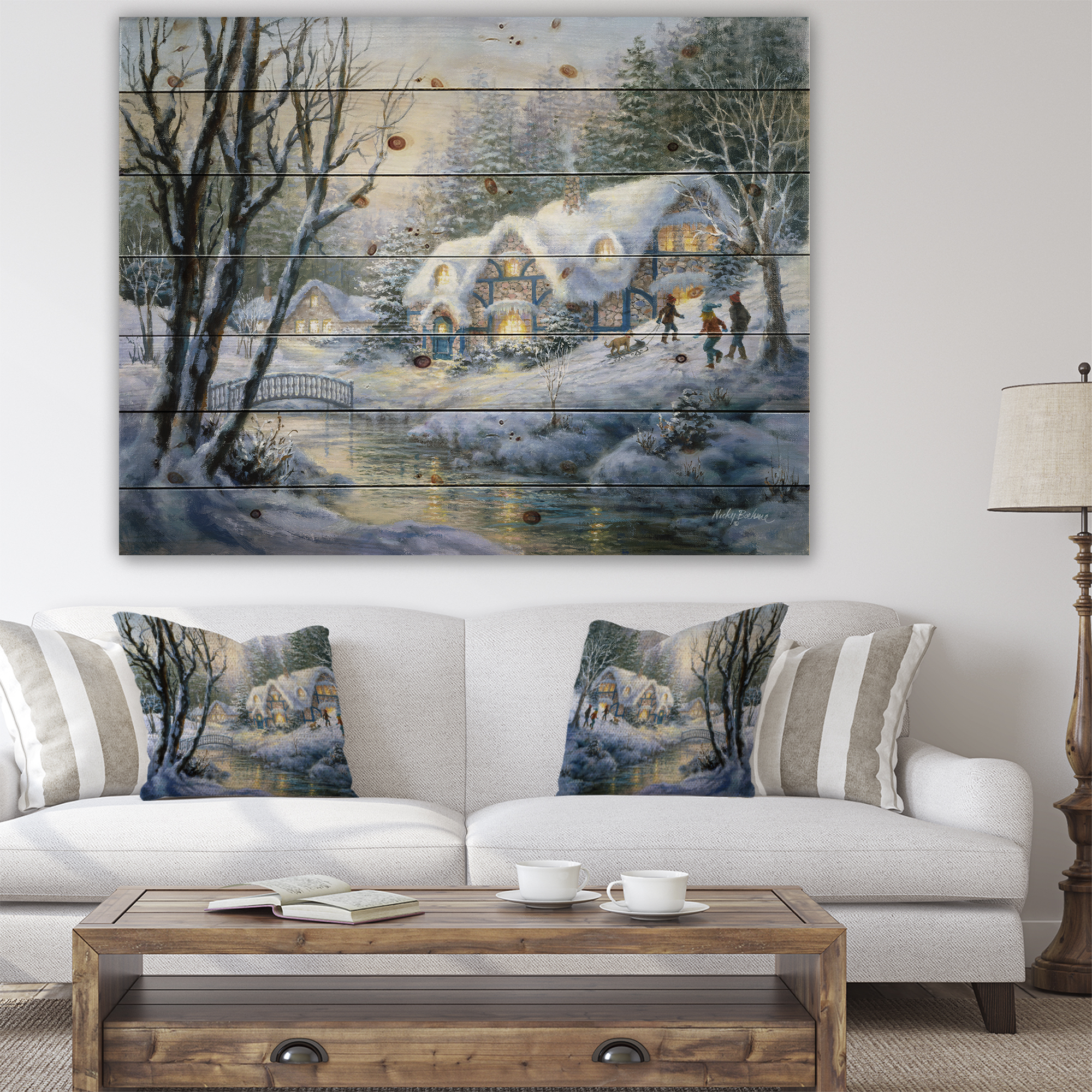 Designart 'Christmas evening Winter Frolic' Print on Natural Pine Wood