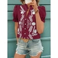 thumbnail image 6 of Women'S Summer Tops 2025 Casual Ruffle V Neck Puff Short Sleeve Button Down Shirts Embroidered Blouses Wine Red S, 6 of 8