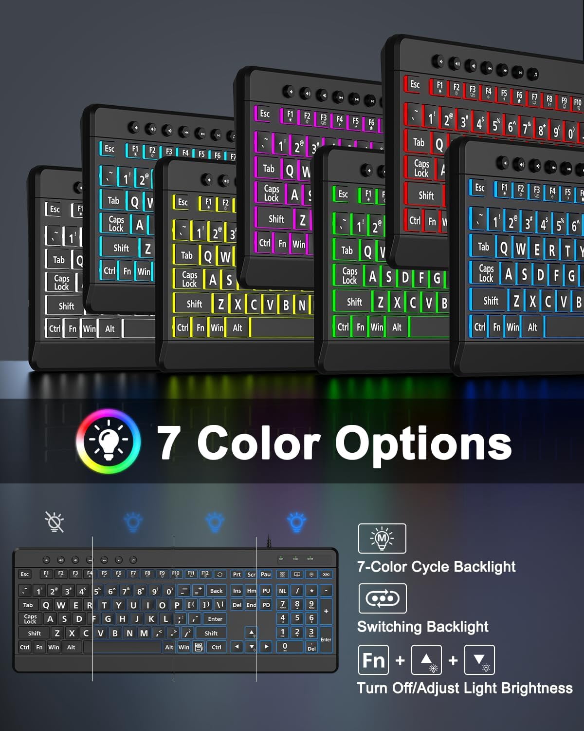 Large Print Backlit Wired Keyboard, Light Up USB Keyboard with 7-Colors Backlight, Oversize Letters Keys Full Size Computer Compatible for Windows, Laptop, PC