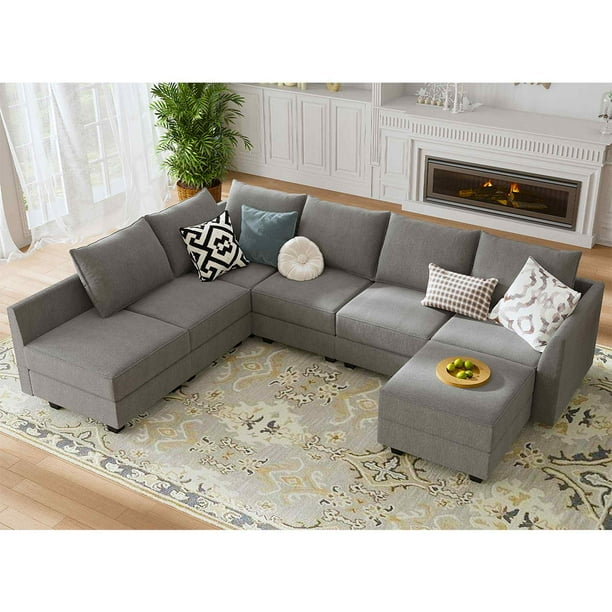 HONBAY Convertible Modular Gray Sectional Sofa with Chaise and Ottoman