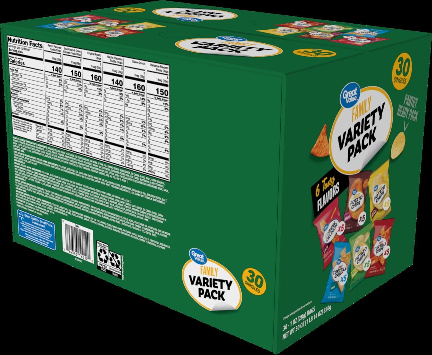 Great Value Family Variety Chips Pack, 30 Count, 1 oz