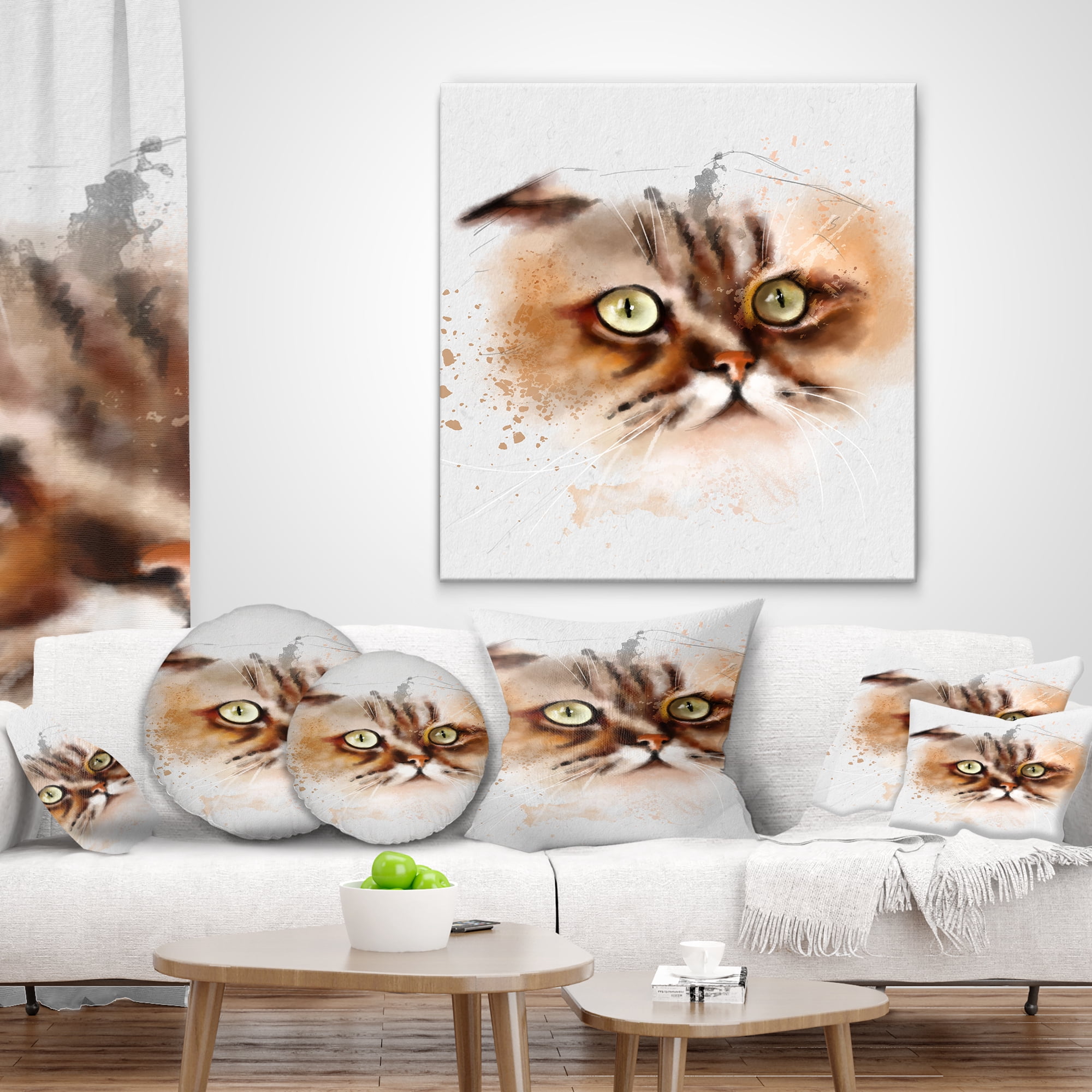 Designart Cute Brown Cat Watercolor Sketch - Animal Throw Pillow - 16x16