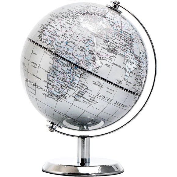 14cm World Globe Silver - Mini Globe Educational/Geography/Modern Desktop Decor - Silver Grey