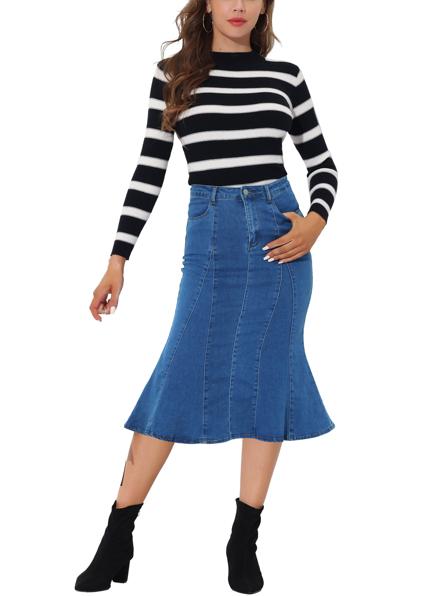 DARING DIVA Women's Denim Ruffle Fishtail Bodycon Midi Skirts L Blue
