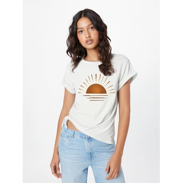 Women's Retro Line Sun Graphic , Casual Round Neck Short Sleeve T-Shirt For Summer, Vintage Style Sports Top Tee For adult, Men, Women, Teen, Teenager, adolescent, Youth