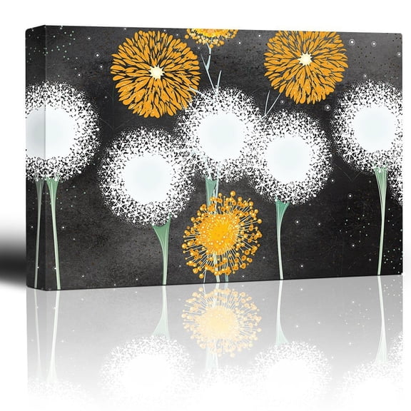 wall26 - Illustrations of Yellow and White Dandelion Flowers Over a Black Chalkboard Background - Canvas Art Home Art - 16x24 inches