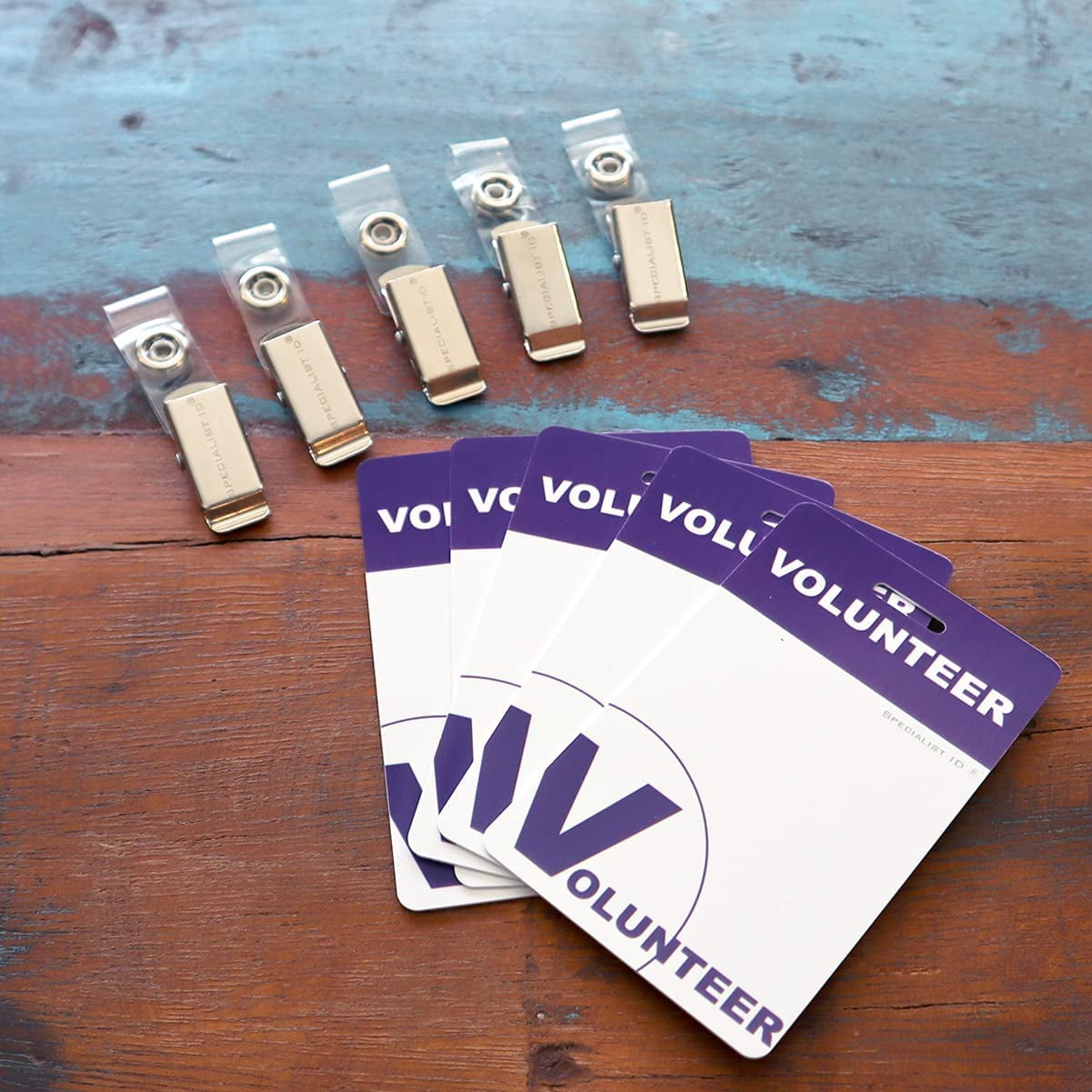 Bulk 25 Pack - Heavy Duty Plastic Volunteer Badges with Clothing Friendly Clip - Reusable Custom Name Tags - Purple Volunteer Design Card for School, Office, Hospital by Specialist ID (Purple)
