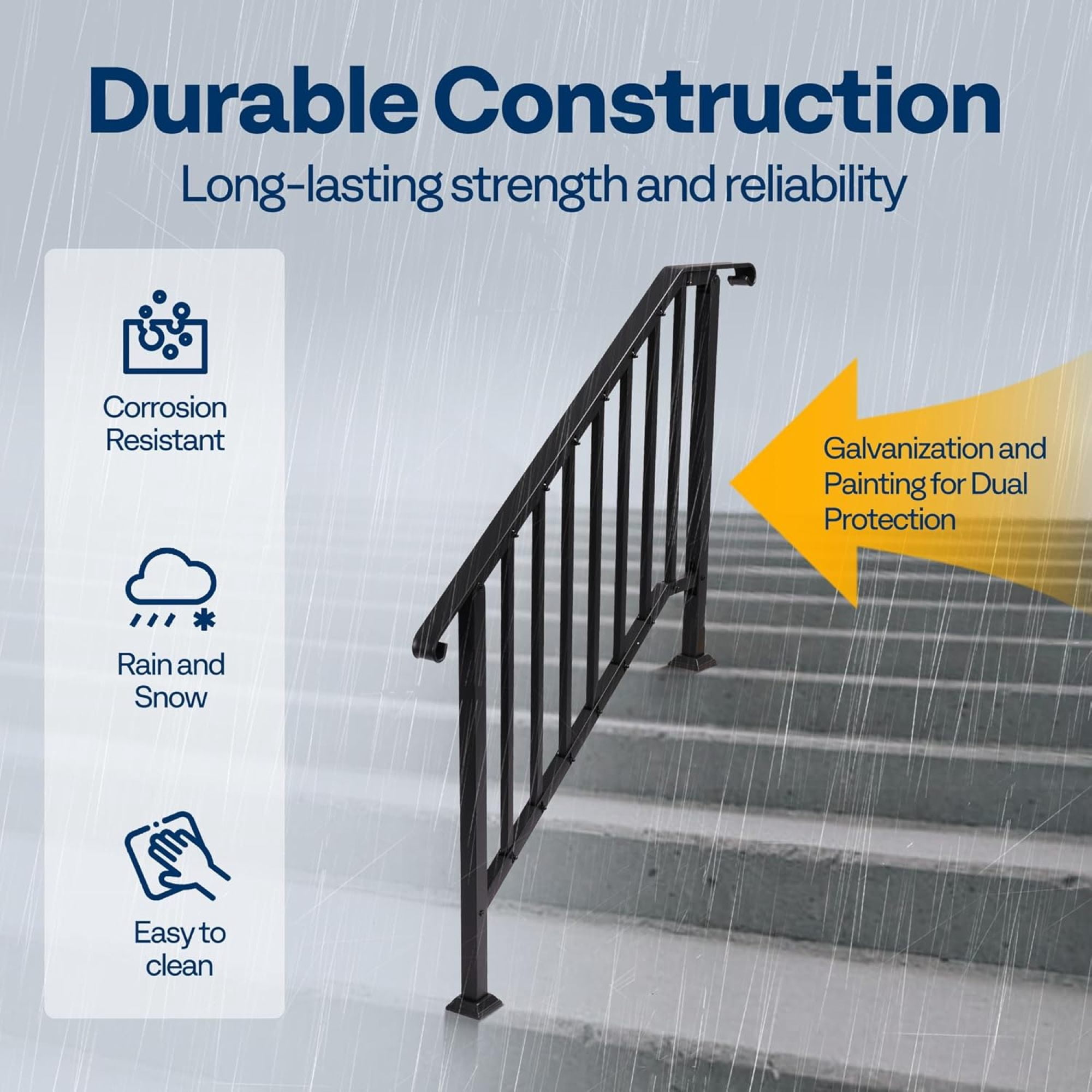 Leumius Hand Rails for Outdoor Steps,4 Step Galvanized Steel Railing Kit with Curved Ends and Safety Balusters Exterior Railing for Porch, Deck