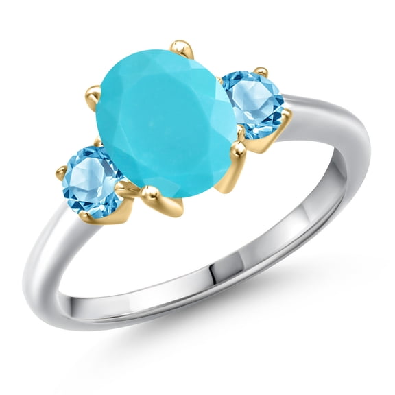 Gem Stone King 10K Two Tone Gold Green Turquoise and Swiss Blue Topaz Engagement Ring for Women | 2.21 Cttw | Oval 9X7MM | Gemstone Birthstone | Size 9