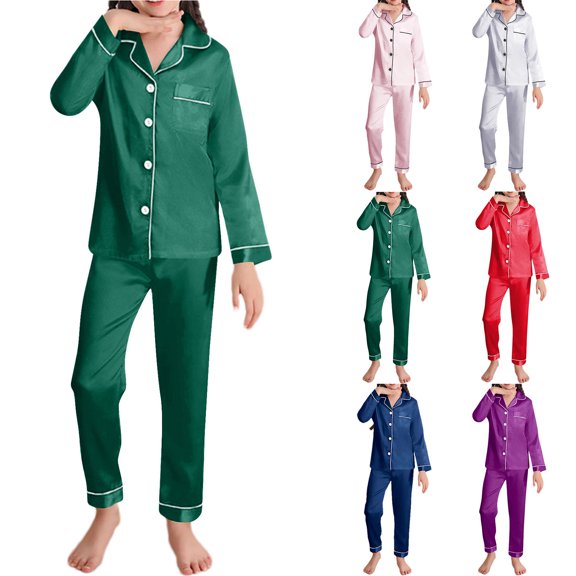 Kids Pajama Set Solid Satin Long Sleeve Unisex 2 To 12 Years Soft Casual Loungewear Outfit