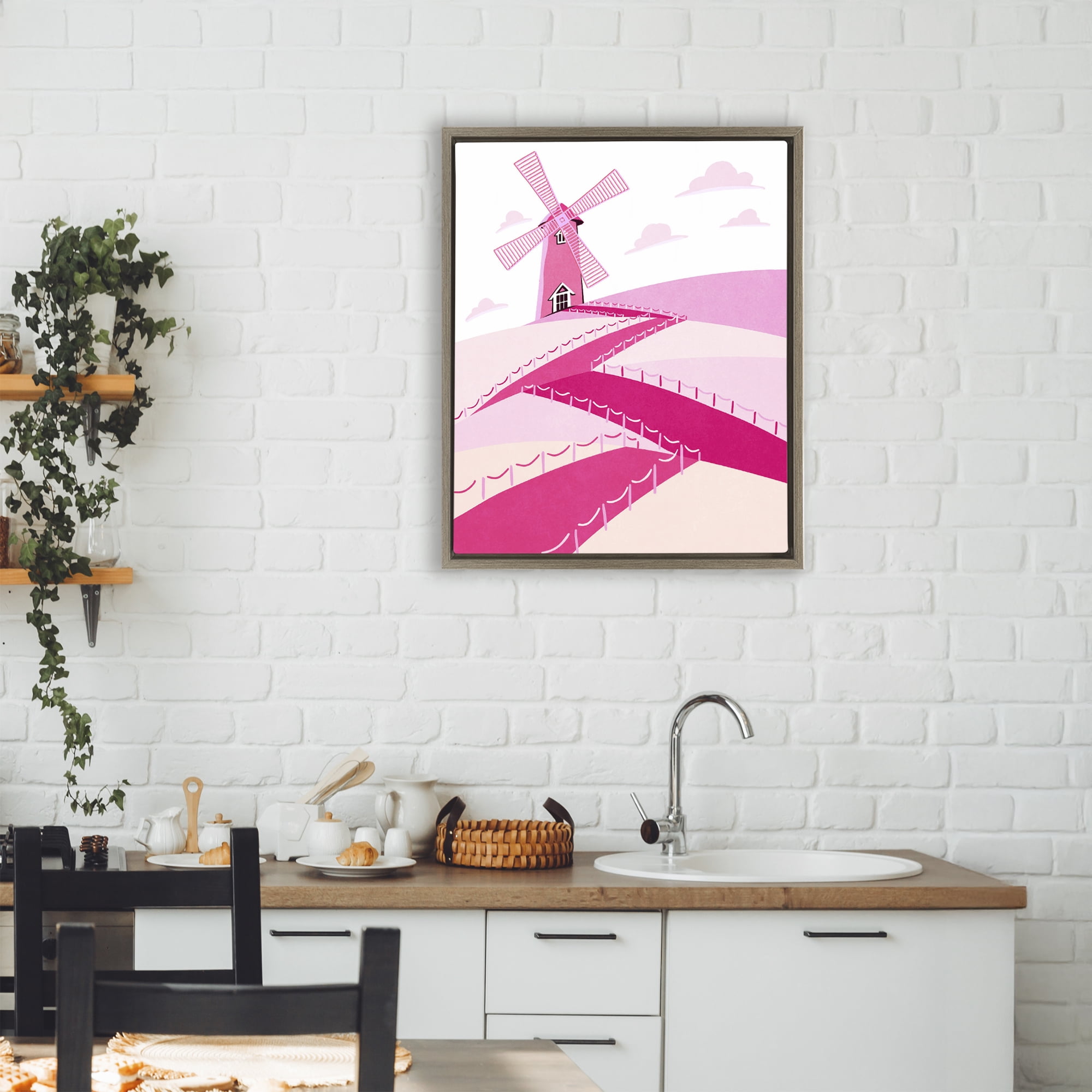 Pink Hills and Windmill Brown Framed Floater Canvas Wall Art, design by Ziwei Li