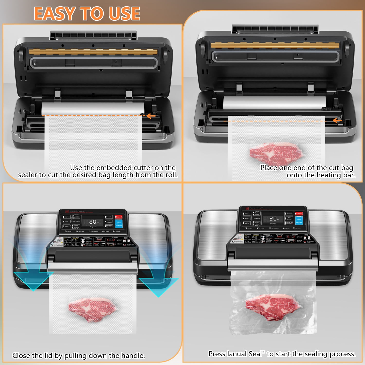 Food Vacuum Sealer Machine with Rolls Food Vacuum Sealer Bags, Automatic Food Saver with Dry & Moist Food Modes, Built-in Cutter, External Vac for Jars and Containers