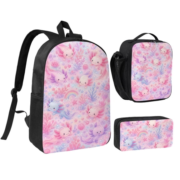 Cute Axolotl Backpack Set 3pc Including Backpack, Lunch Bag and Pen Bag Combination