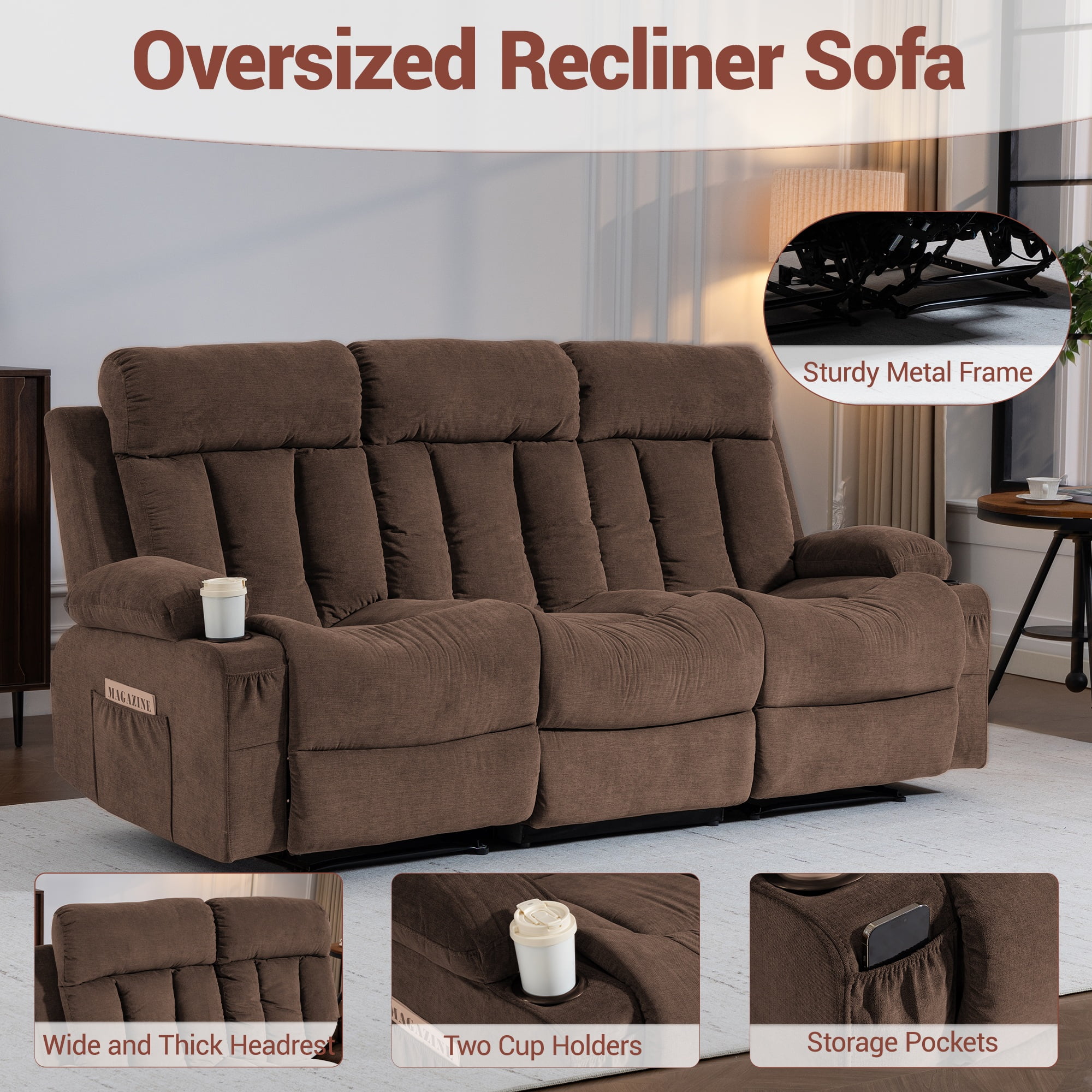 WENTUM Recliner Sofa Set, 3 Seater Recliner Sofa Chair, Manual Reclining Sofa Couch, Triple Recliner Sofa for Living Room, Home Theater, Small Spaces, Brown